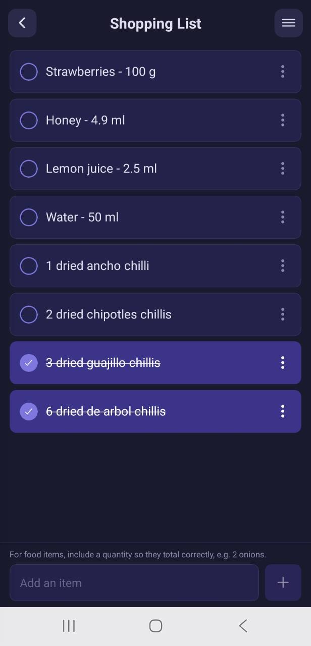 A checked shopping list in Meal Planner