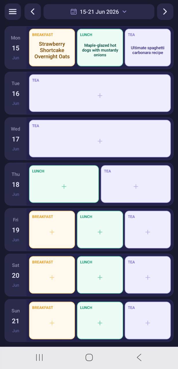 A complete week displayed in the Meal Planner app